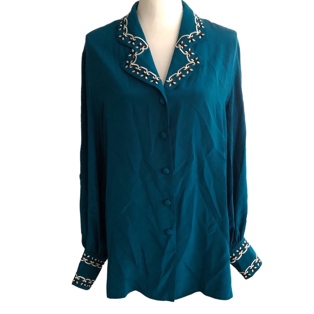 Vintage Diane Von Furstenberg Teal 100% Silk 90s Embroidered Blouse Top Small
